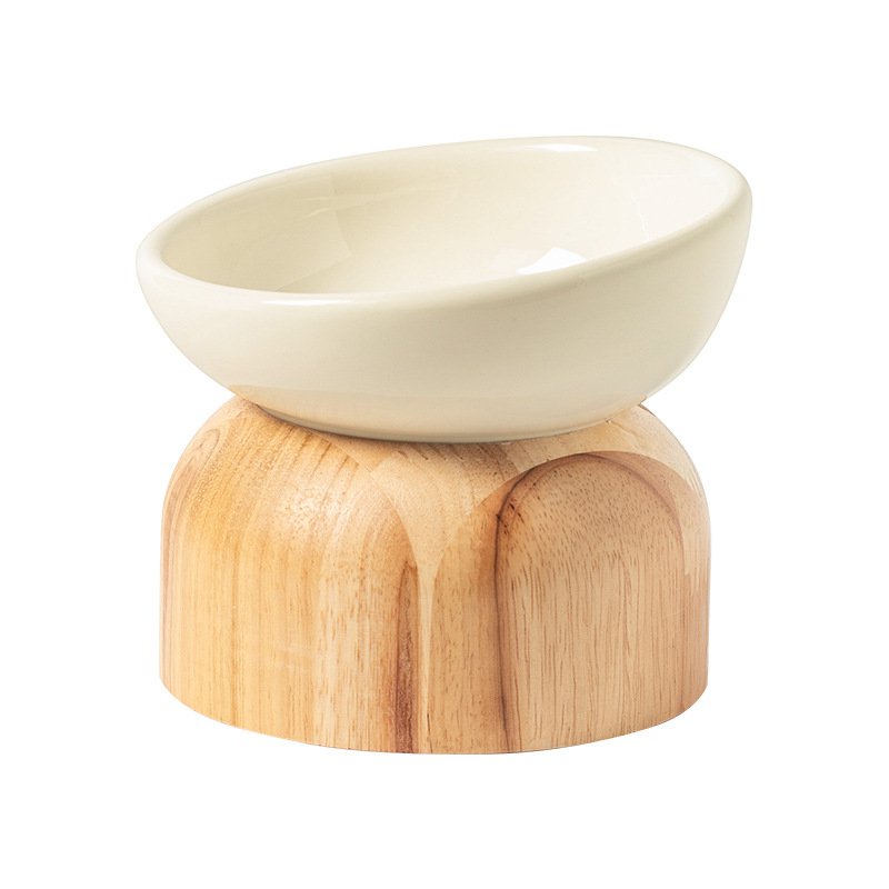 Raised Tilted Ceramic Pet Food Bowl with Wooden Pedestal - Image 5