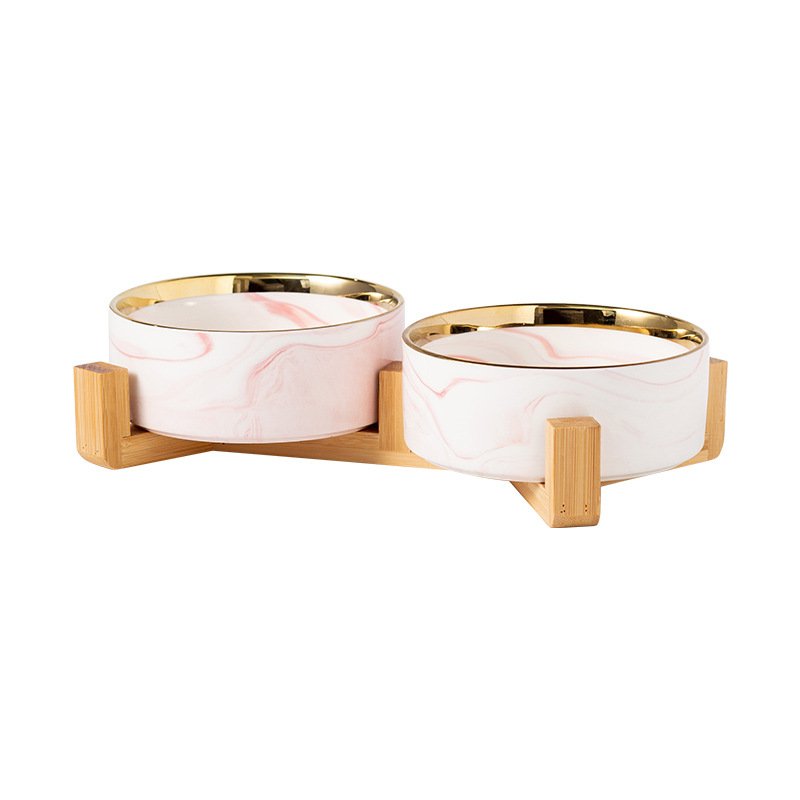 Raised Marble Ceramic Cat Bowl with Bamboo Stand for Dogs - Image 5