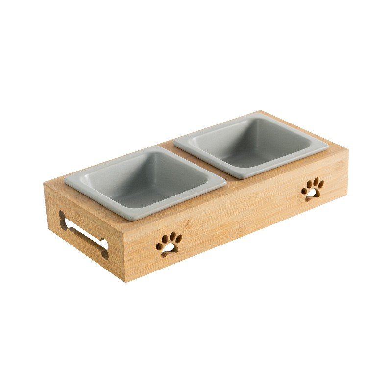 Raised Square Ceramic Double Pet Feeder with Wooden Box Stand - Image 5