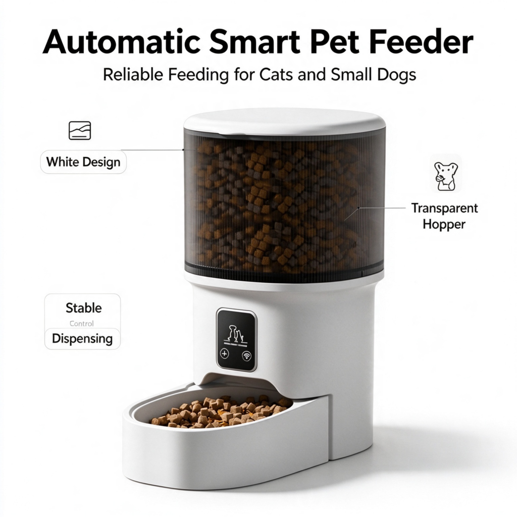White Automatic Smart Pet Feeder, transparent hopper, stable portion dispensing, timed food dispenser for cats and small dogs