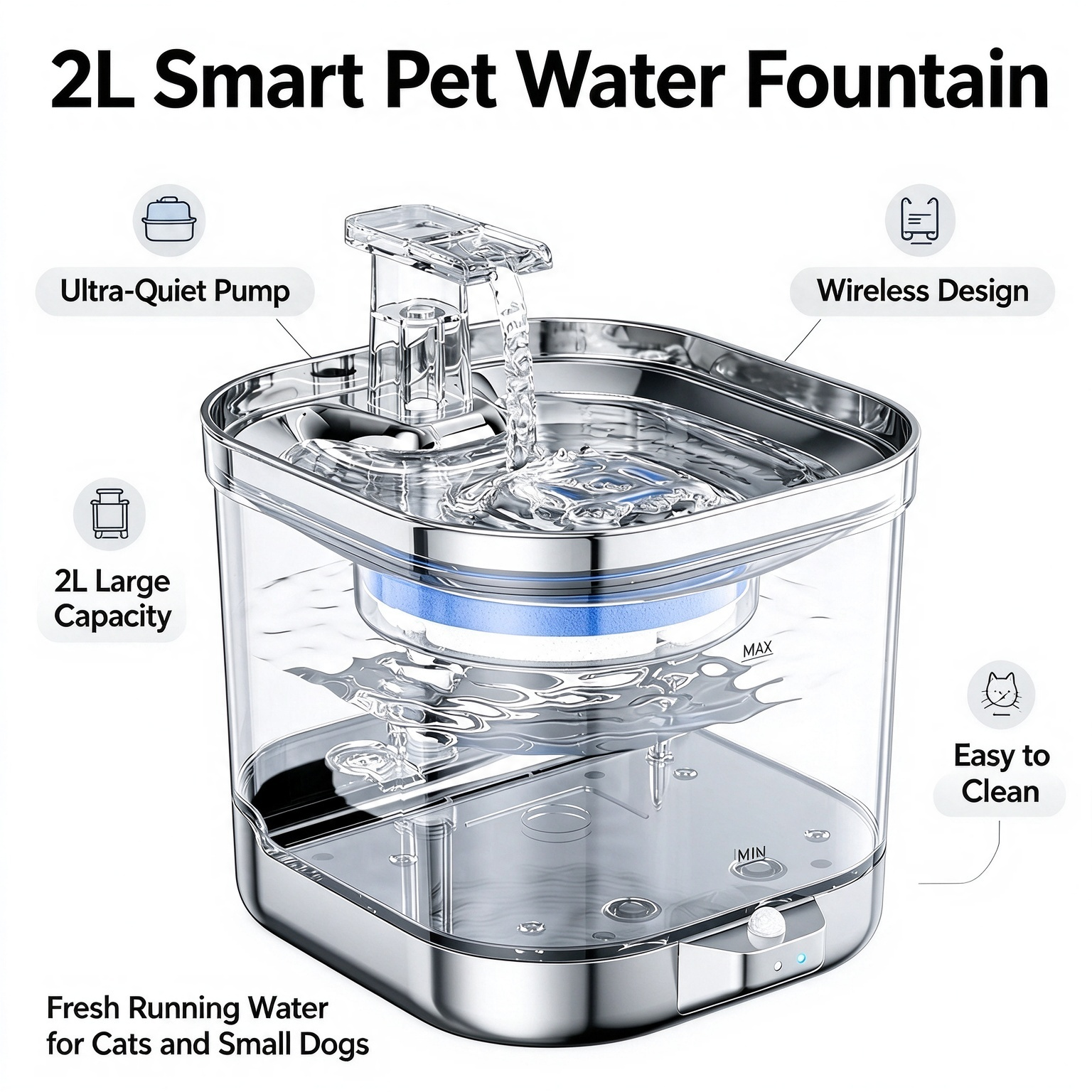 2L Smart Pet Water Fountain, wireless design, ultra-quiet pump, circulating fresh running water, easy clean water dispenser for cats small dogs