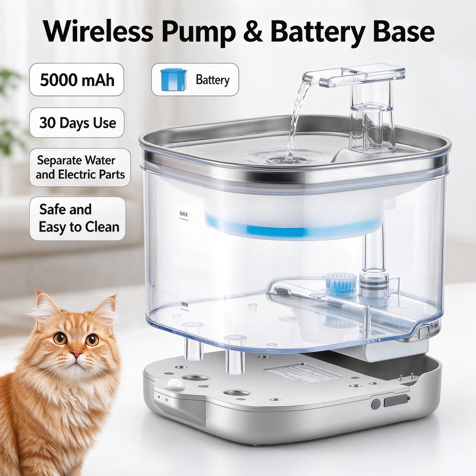 Wireless, battery-operated stainless steel cat water fountain with sensor and automatic circulation - Image 7