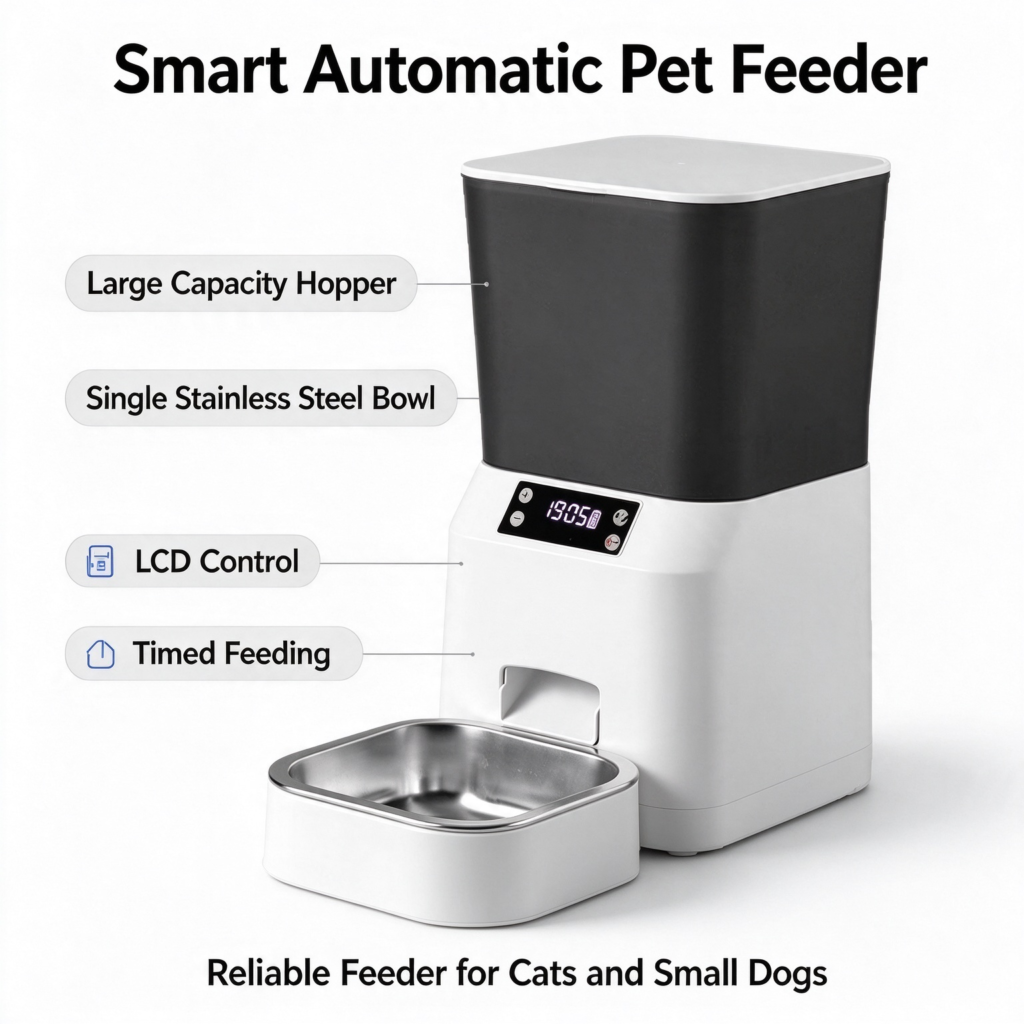 Smart Automatic Pet Feeder, large capacity hopper, LCD control, timed feeding, single stainless steel bowl for cats small dogs