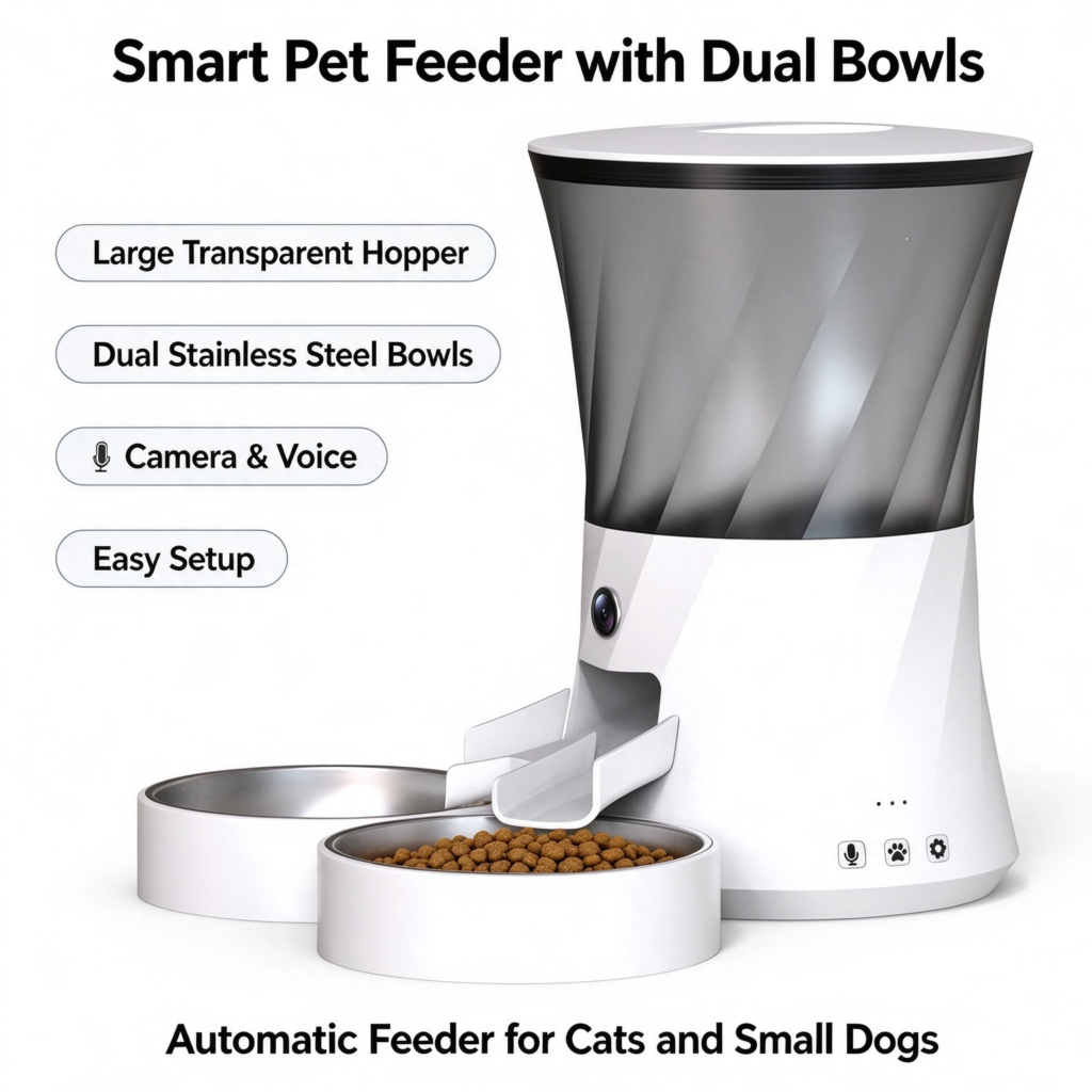 Smart Pet Feeder with Dual Bowls, transparent hopper, camera & two-way audio, dual stainless steel bowls auto feeder for cats small dogs