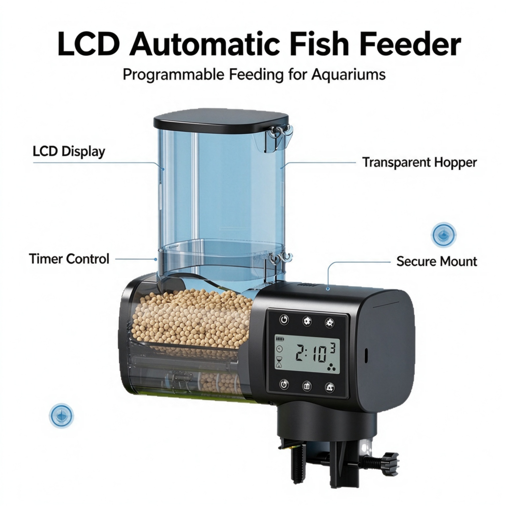 LCD Automatic Fish Feeder, programmable timer control, transparent hopper, secure mount aquarium feeder for ornamental fish