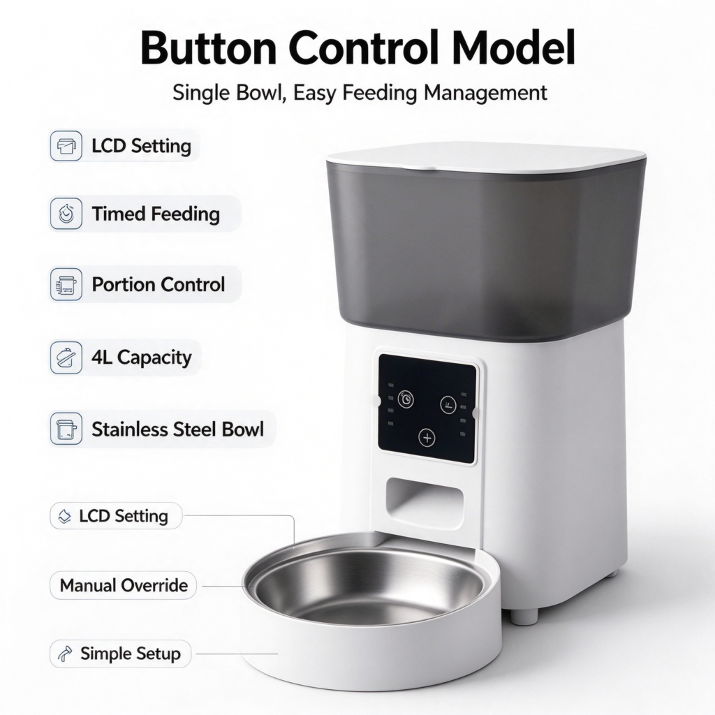 4L Button Control Smart Pet Feeder, LCD setting panel, timed feeding & portion control, stainless steel single bowl feeder for cats dogs