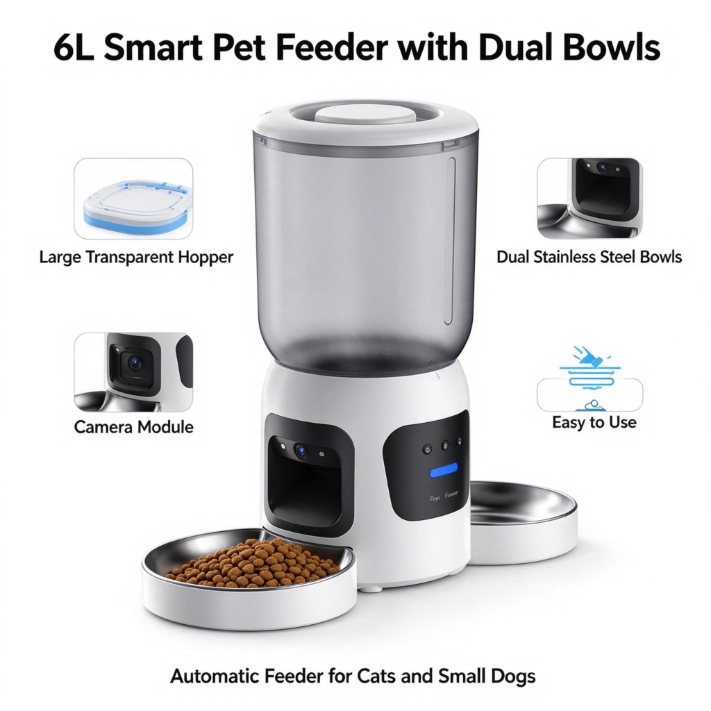 6L Smart Pet Feeder with Camera, large transparent hopper, dual stainless steel bowls, remote view auto feeder for cats small dogs