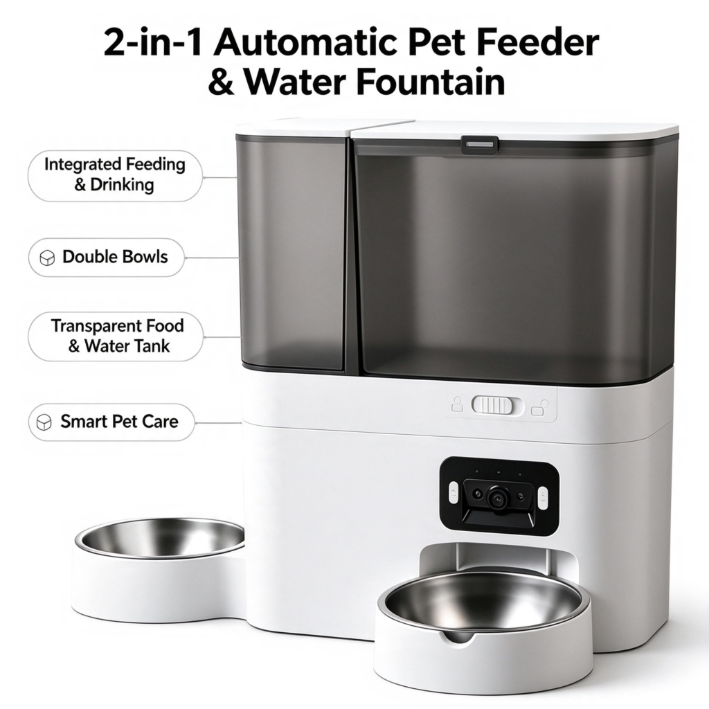 2-in-1 Smart Pet Feeder & Water Fountain, video monitoring, dual stainless steel bowls, transparent food & water tank for cats dogs