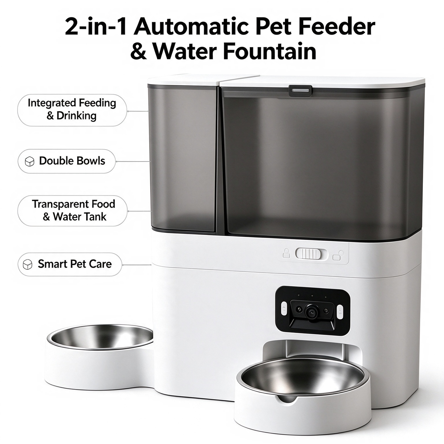 2-in-1 Smart Pet Feeder & Water Fountain, video monitoring, dual stainless steel bowls, transparent food & water tank for cats dogs
