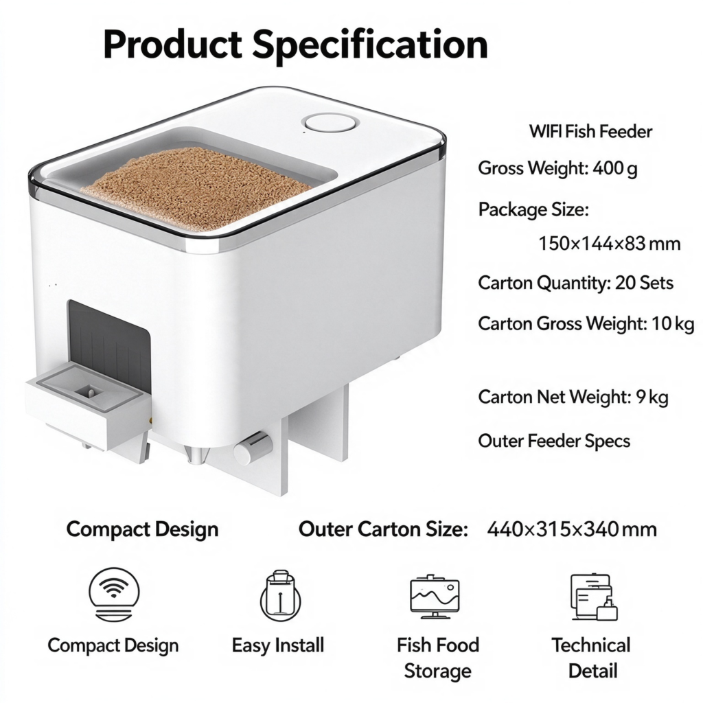 WIFI Smart Fish Feeder, compact design & easy installation, remote timed aquarium feeder with fish food storage hopper