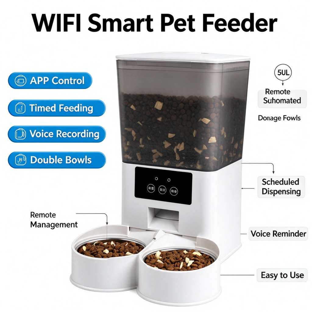 WIFI Smart Pet Feeder, APP remote management, timed feeding, voice recording, double bowls automatic feeder for cats dogs