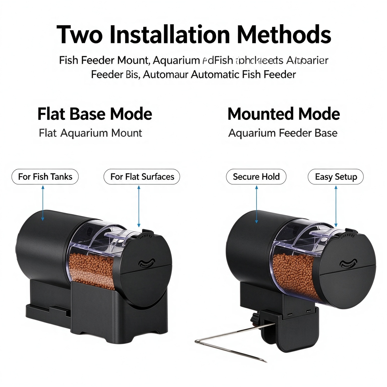 Automatic Fish Feeder with 2 Installation Modes, flat base & clip mount dual use, timed aquarium feeder for fish tank