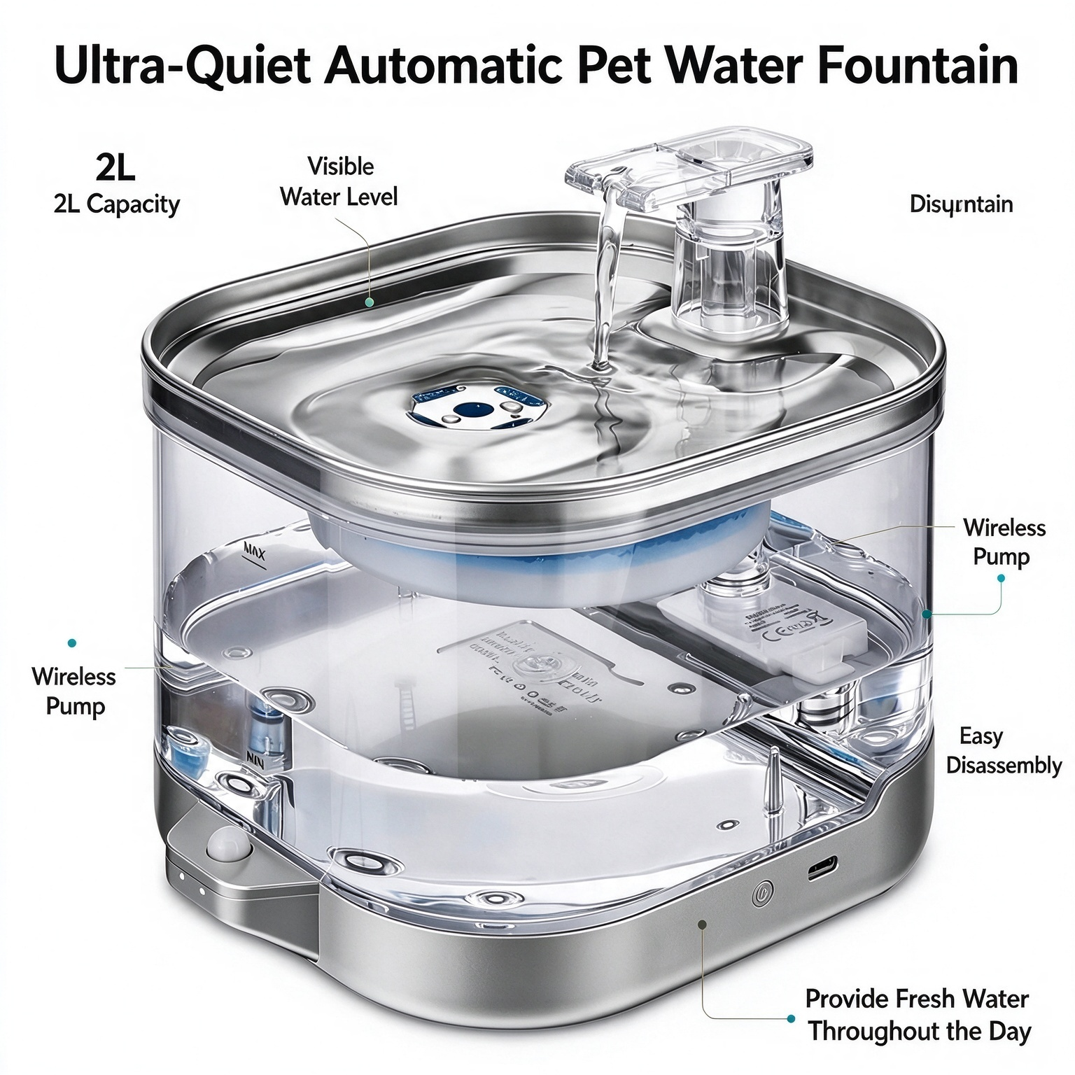 Wireless, battery-operated stainless steel cat water fountain with sensor and automatic circulation - Image 2