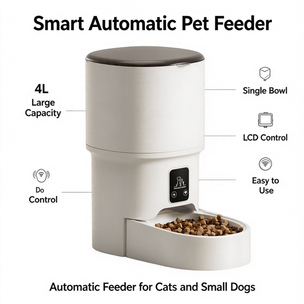 4L Smart Automatic Pet Feeder, LCD control panel, large capacity hopper, single bowl timed food dispenser for cats small dogs