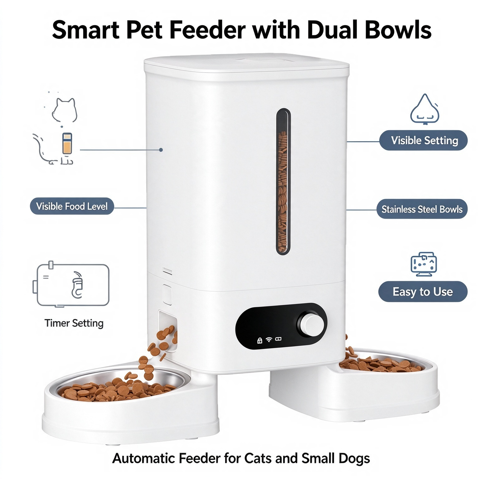 Smart Pet Feeder with Dual Bowls, visible food level, knob timer setting, dual stainless steel bowls auto feeder for cats small dogs