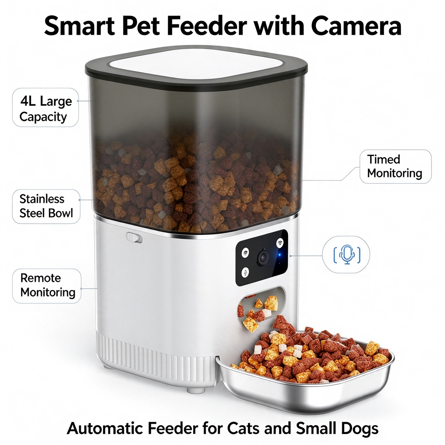 Smart Pet Feeder with Camera,4L large capacity,remote monitoring & two-way audio,stainless steel bowl auto feeder for cats small dogs