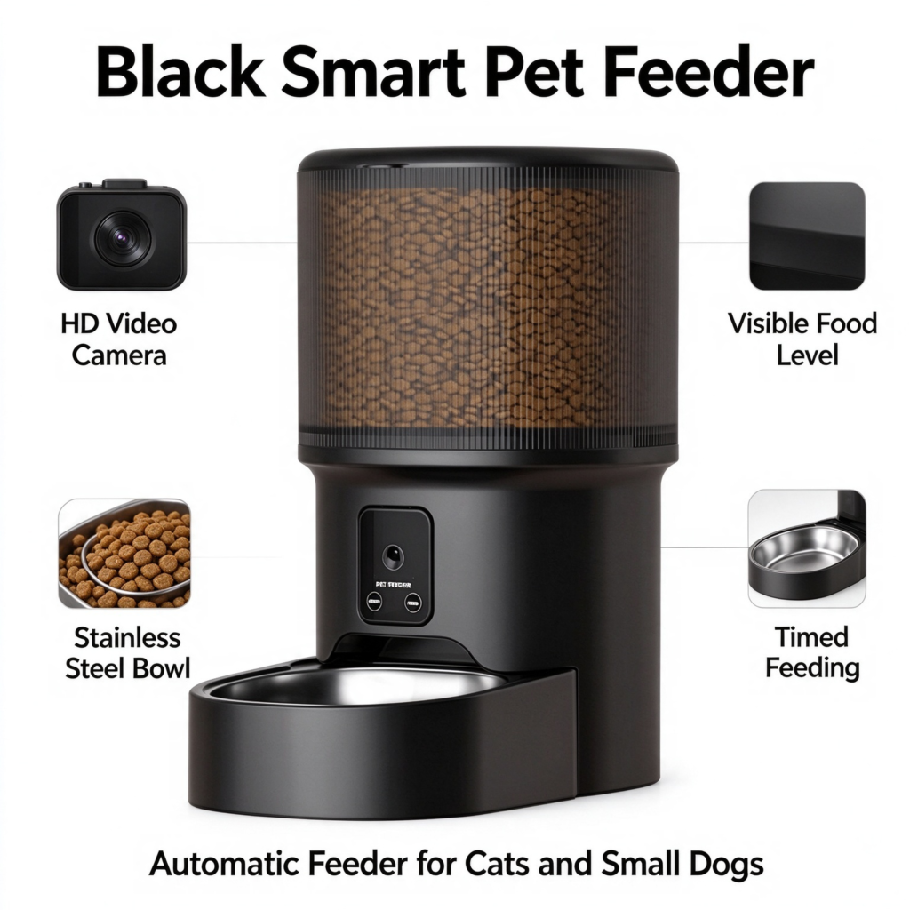 Black Smart Pet Feeder, HD video camera, visible food level, timed feeding, stainless steel bowl auto feeder for cats small dogs