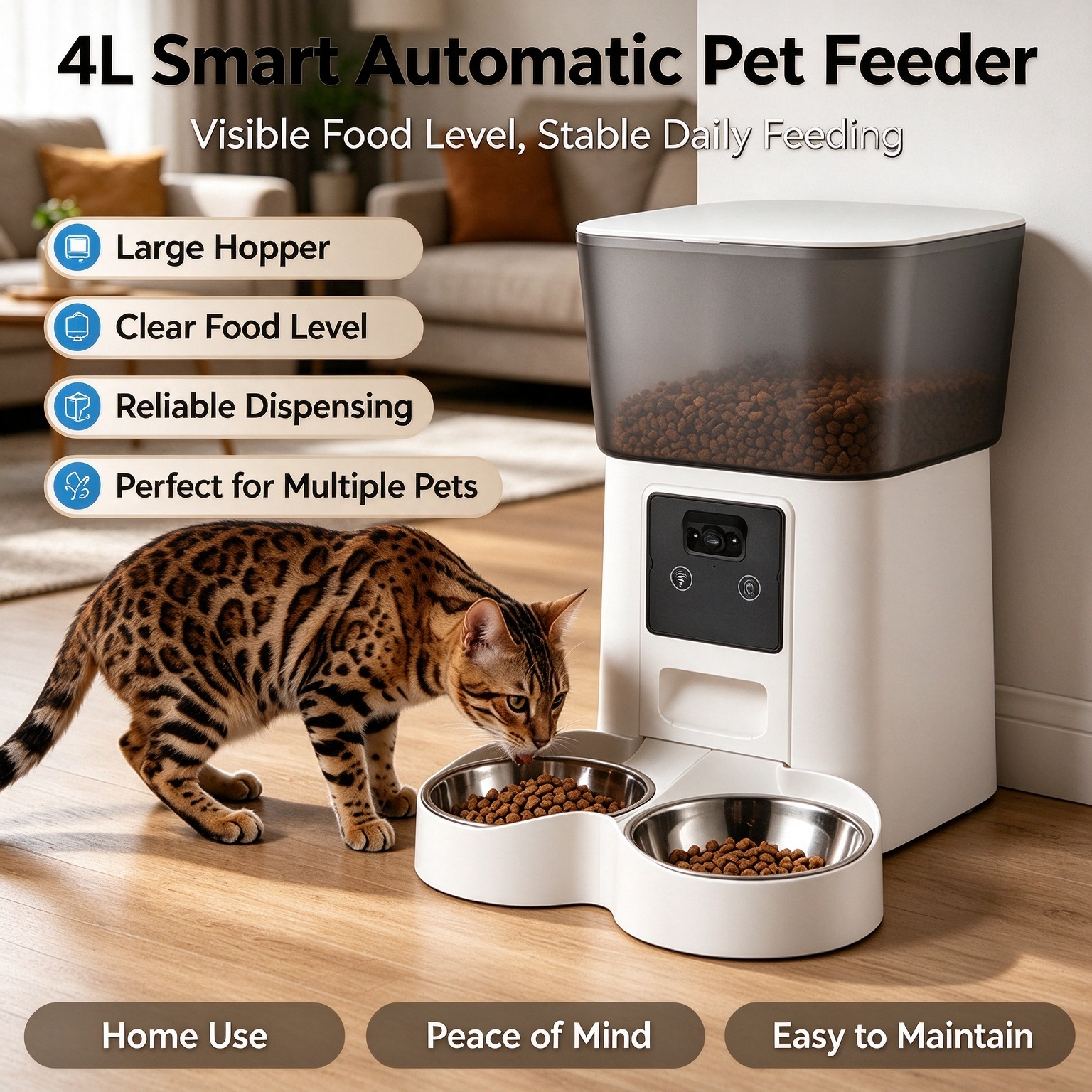 Smart Automatic Pet Feeder: Large-Capacity Unit with Camera for Remote, Scheduled, and Portion-Controlled Feeding of Cats and Dogs - Image 4