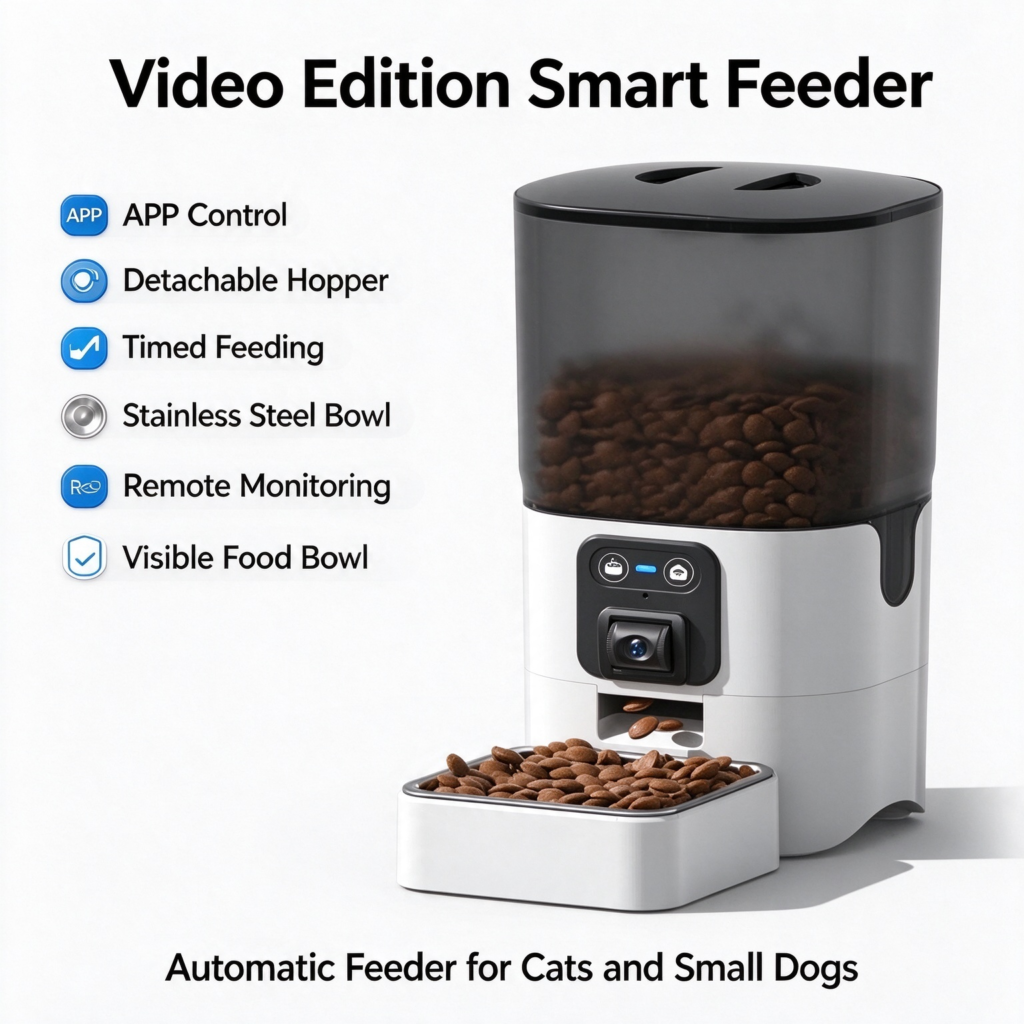 Video Edition Smart Pet Feeder, APP remote monitoring, detachable hopper, timed feeding, stainless steel bowl auto feeder for cats small dogs
