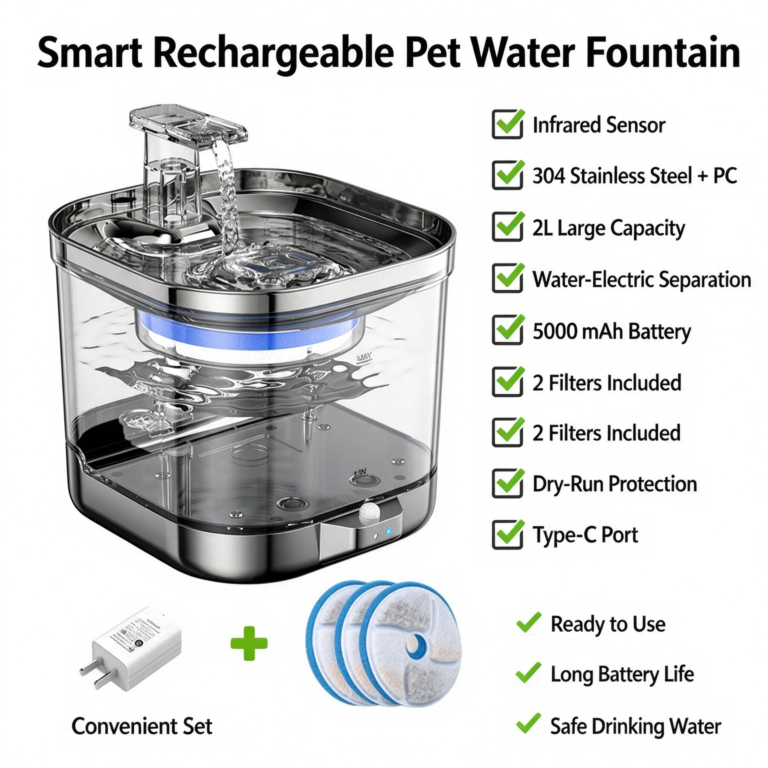 Wireless, battery-operated stainless steel cat water fountain with sensor and automatic circulation - Image 3