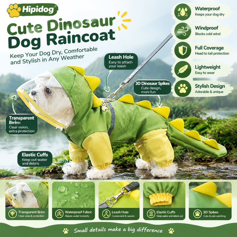 Hipidog Cute Dinosaur Dog Raincoat
