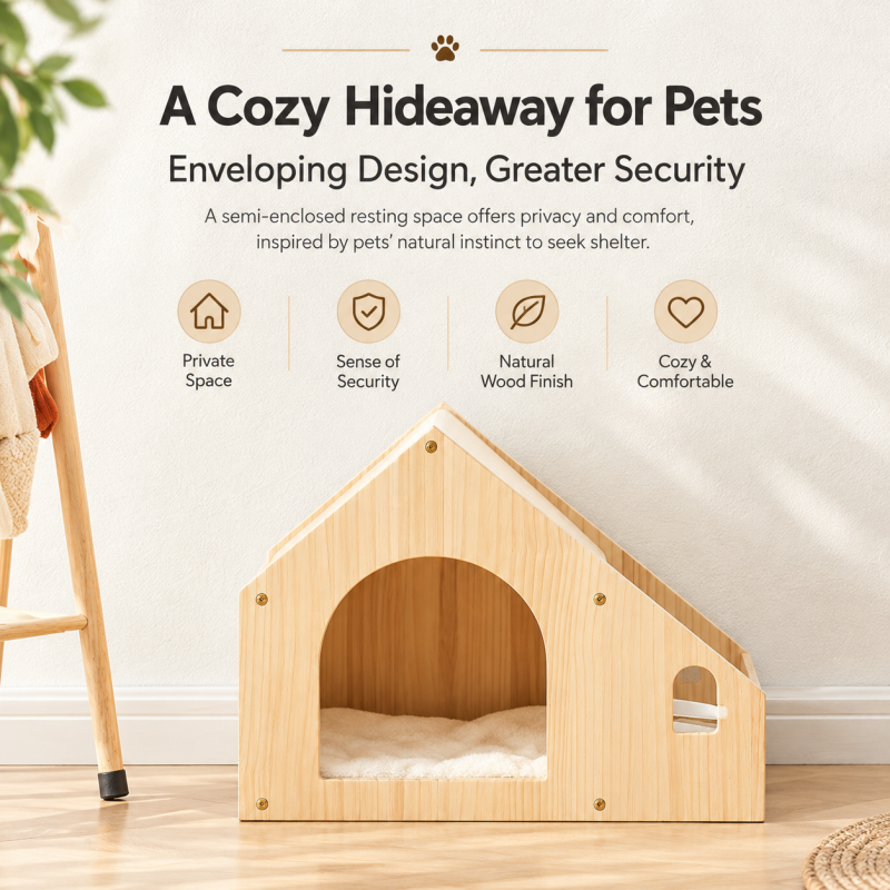 Solid Wood Cat House with Double Ceramic Bowls