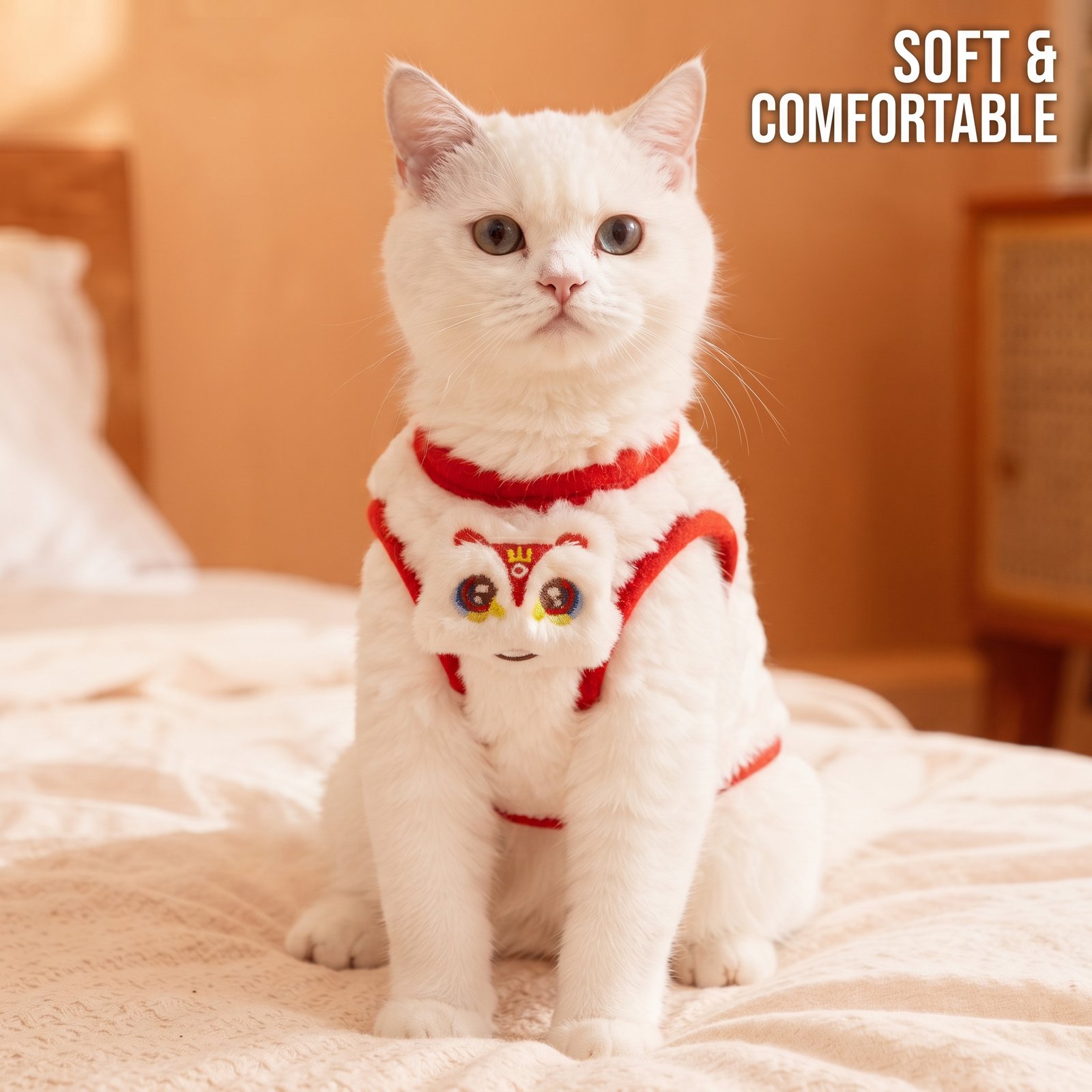 Autumn/Winter Fleece-Lined Warm Vest for Cats – Features Leash Attachment, Shedding Control, and a Cute "Lion Dance" Design; Suitable for Ragdolls, British Shorthairs, and Kittens - Image 3