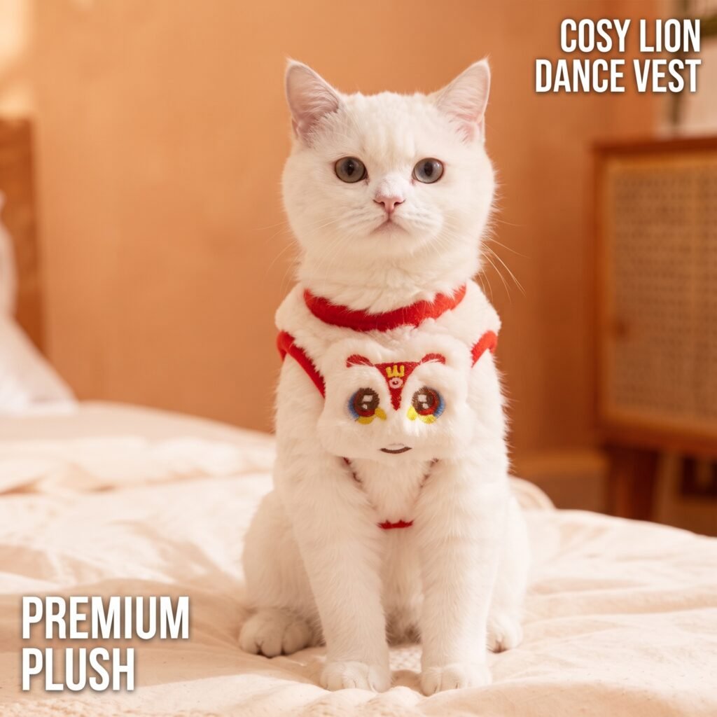 White cat wearing a festive red plush lion dance vest with traditional Chinese cultural elements.