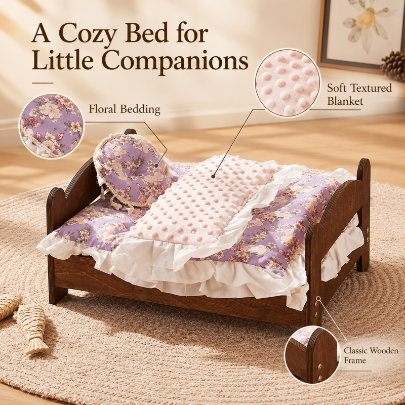 Vintage Walnut Solid Wood Pet Bed – Elevated Daybed with Ruffled Floral Mattress & Pillow