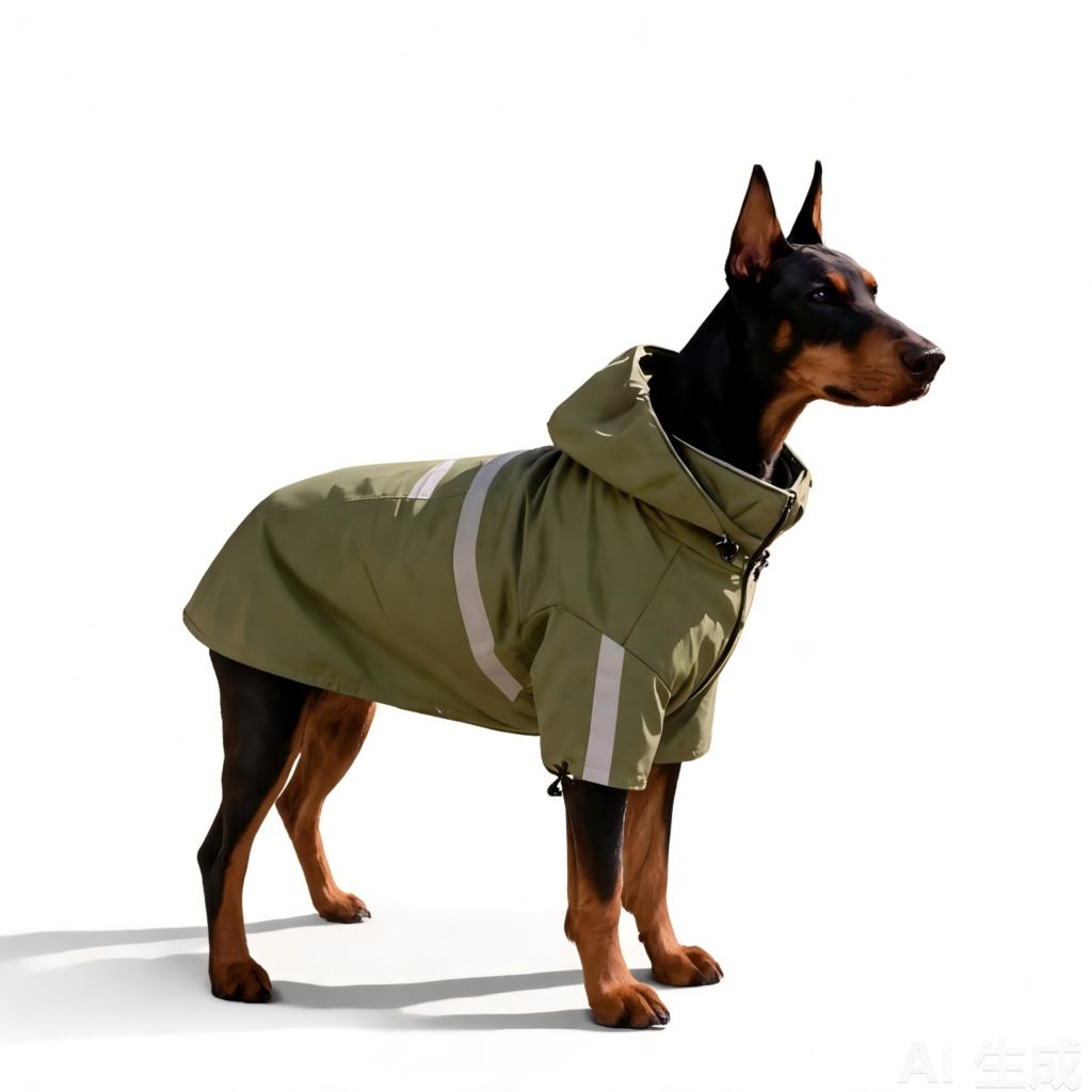 Black and tan Doberman standing sideways against a white background, wearing an olive green waterproof raincoat with white reflective stripes on the back and legs