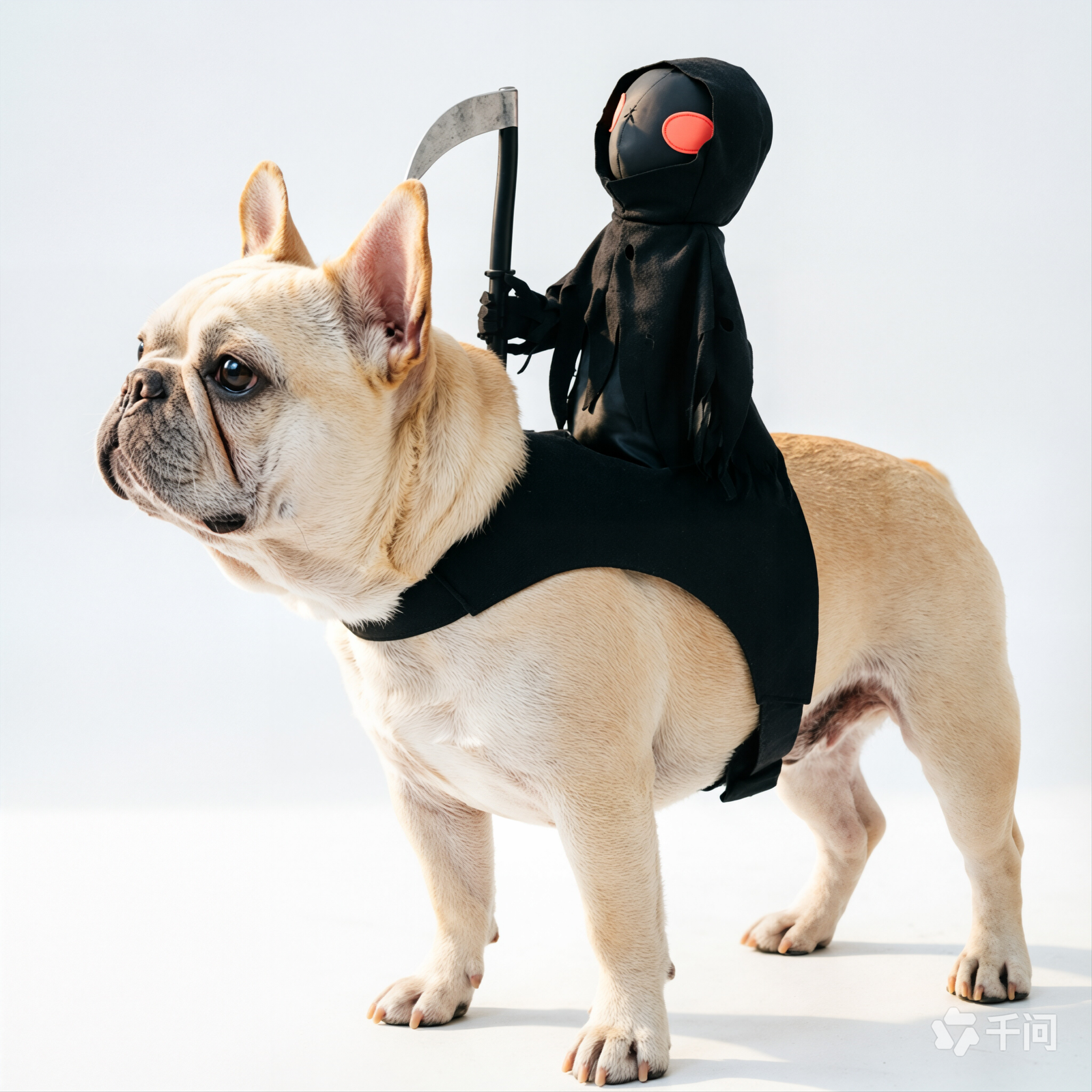 Cream French Bulldog wearing a black harness with a plush grim reaper figure holding a scythe attached to its back, standing sideways against a white background