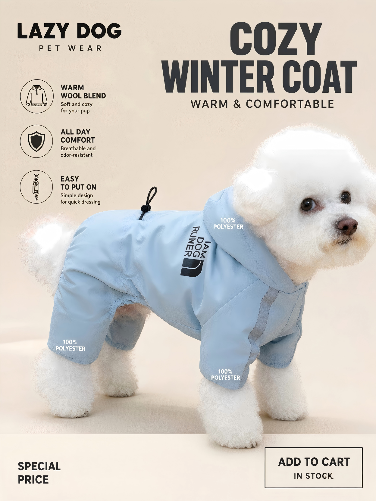 White fluffy dog wearing a light blue hooded winter coat with "I AM DOG RUNNER" text, standing on a beige background showing full body fit and fabric details
