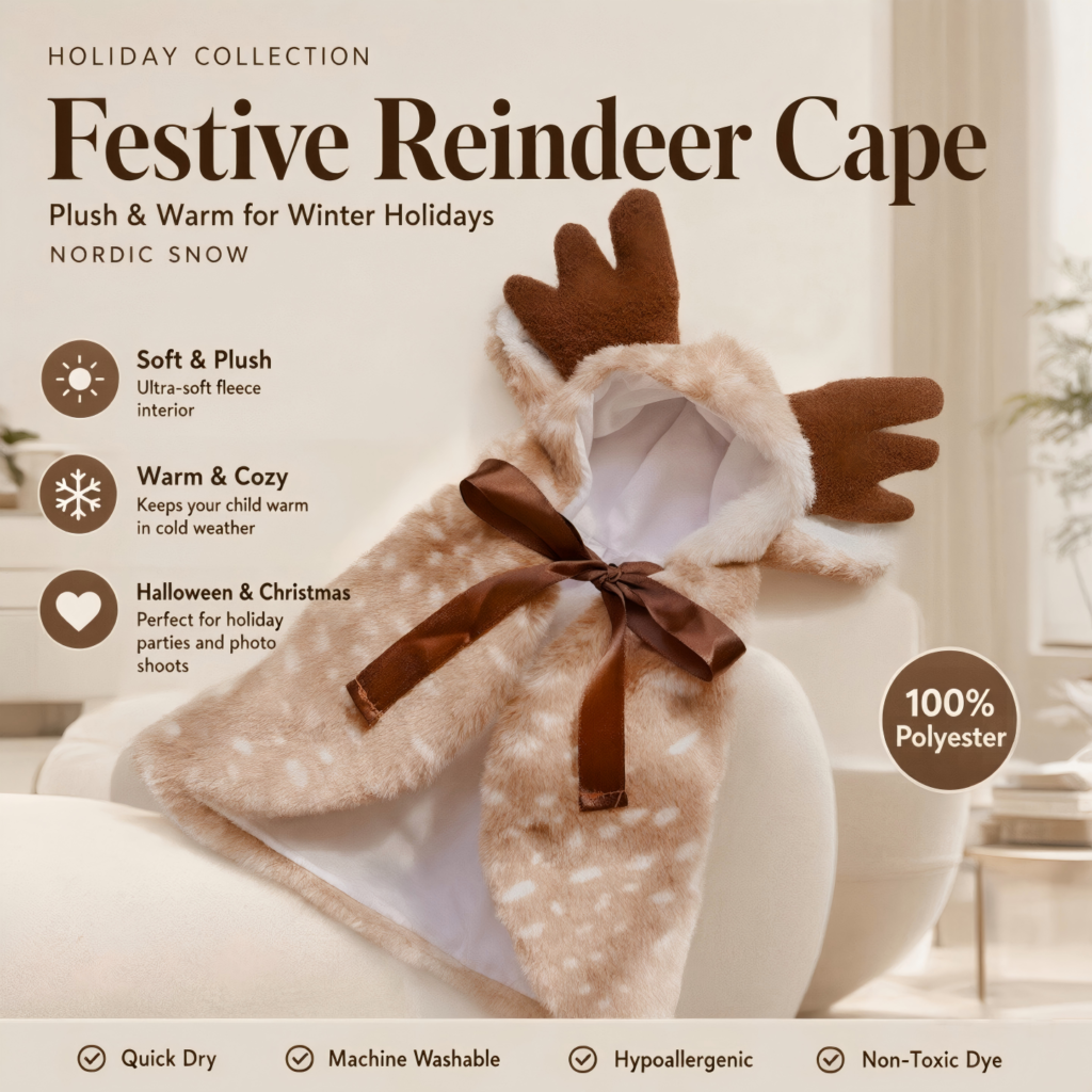 Brown and white plush reindeer cape with antlers and a satin bow tie, draped over a white sofa, showcasing the festive holiday design and soft texture