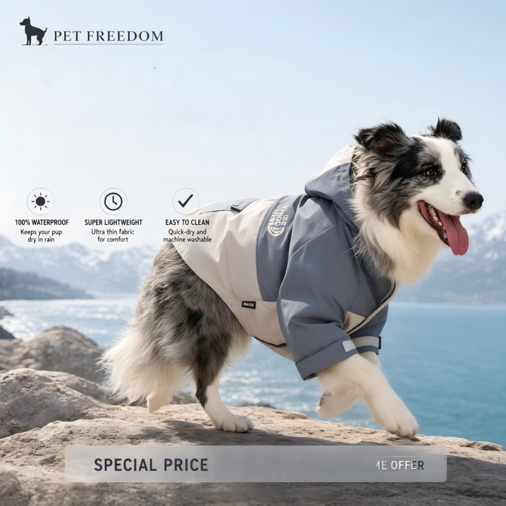 Blue merle Border Collie wearing a grey and beige waterproof raincoat, running happily on rocks near a lake with mountains in the background