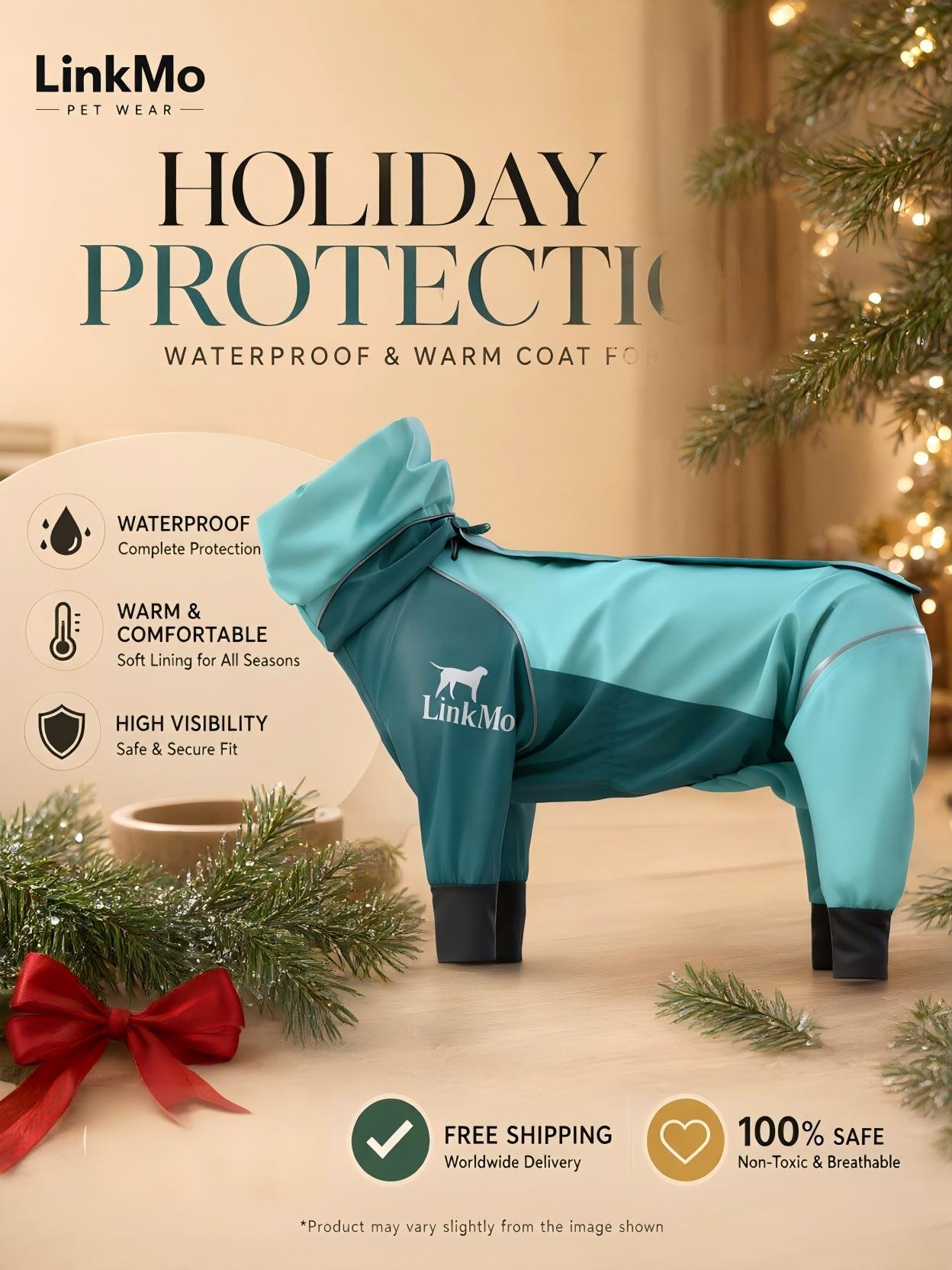 Teal and blue LinkMo waterproof 4-leg dog coat with hood, displayed on a wooden floor with Christmas decorations, showing full body coverage and reflective details
