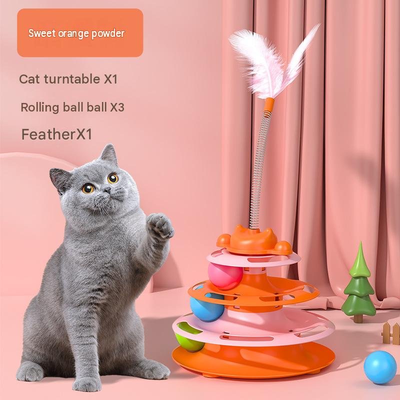 Multi-level interactive cat toy tower featuring a spinning ball track and a feather wand—perfect for solo play and relieving boredom. - Image 3