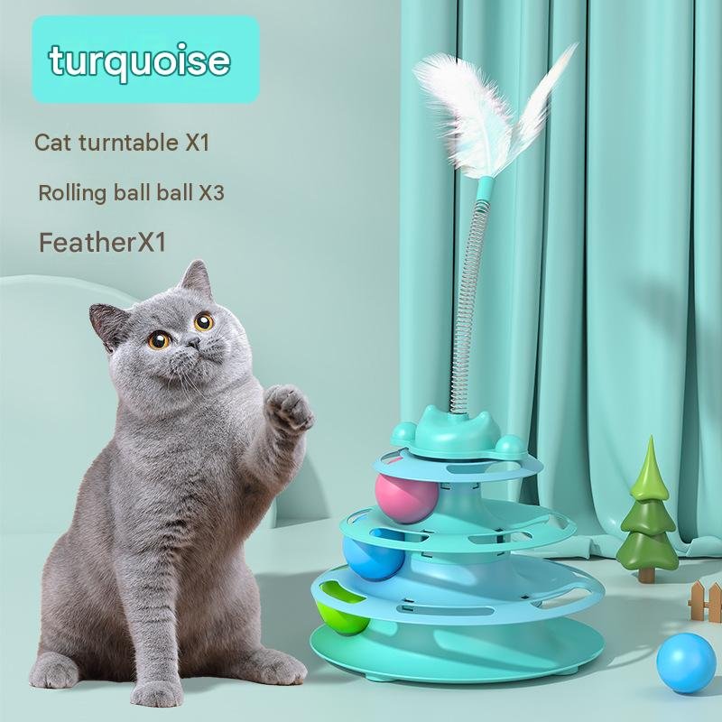 Multi-level interactive cat toy tower featuring a spinning ball track and a feather wand—perfect for solo play and relieving boredom. - Image 4