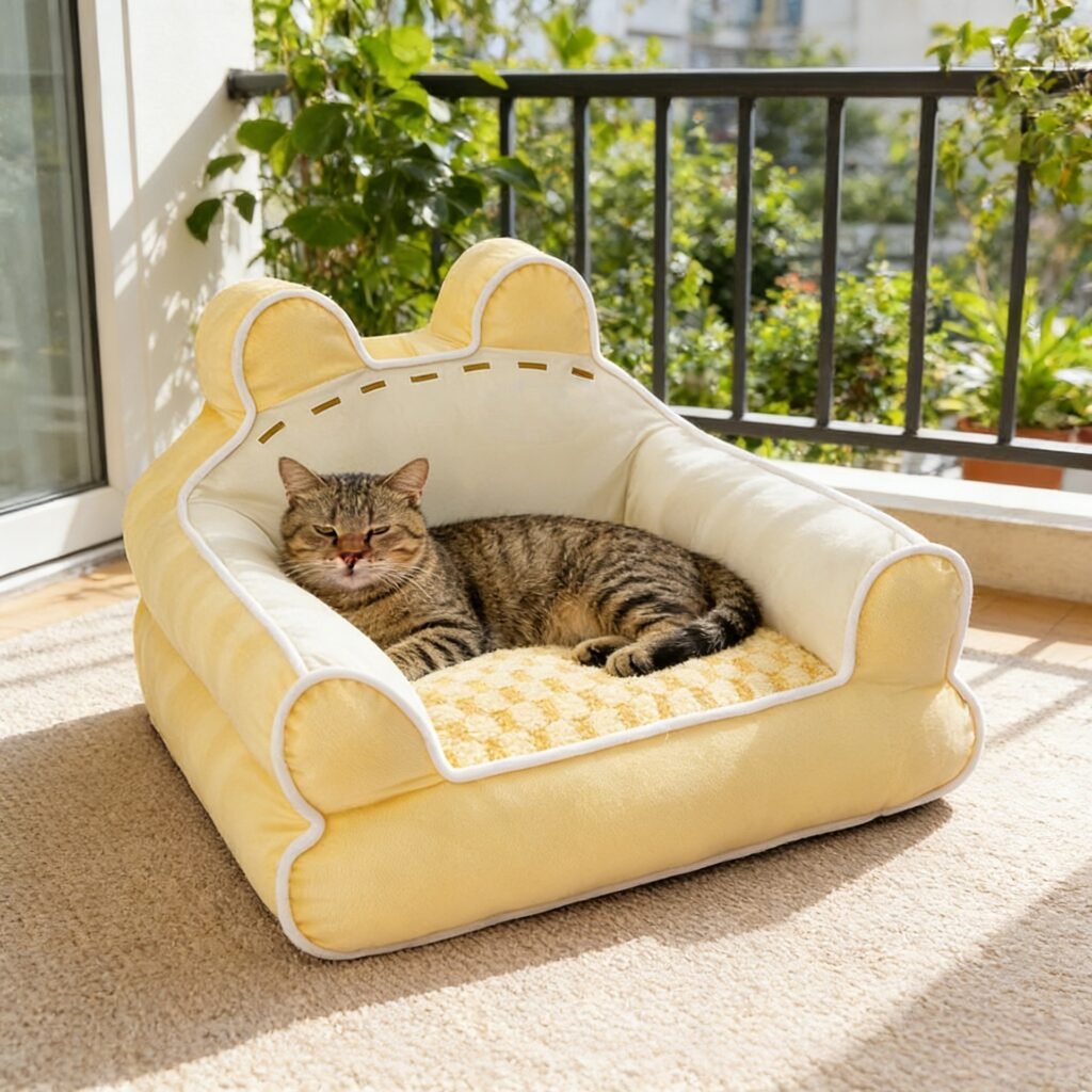 Cute frog ear pet sofa bed, yellow & white high bolster dog cat couch nest, removable washable cartoon pet bed for small pets