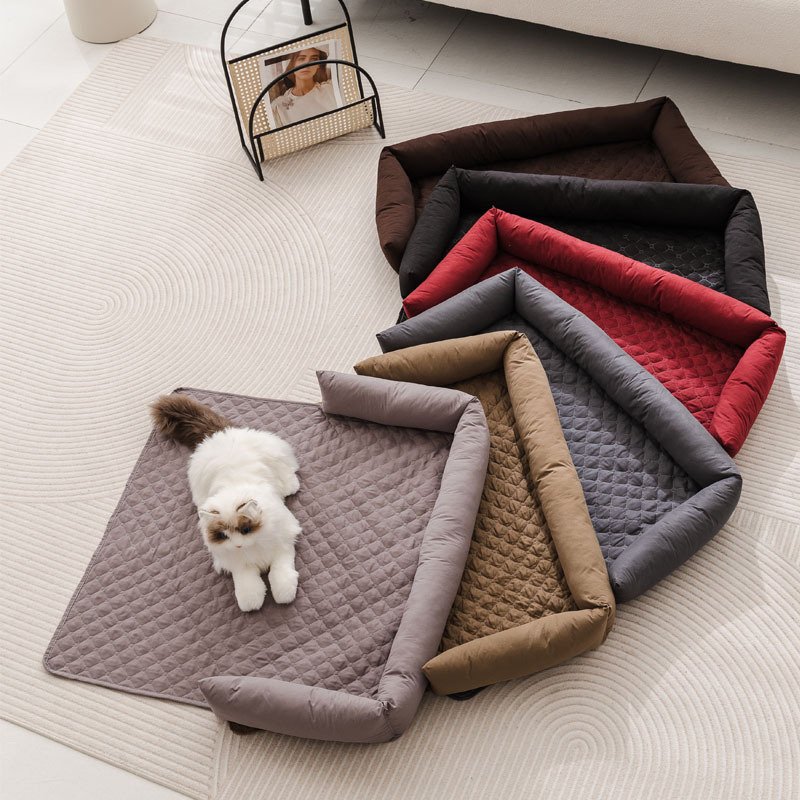Grey Grid Quilted Pet Mat, L-shaped Removable Bolster Foldable Dog Cat Pad, Multi-purpose Sofa Protector Pet Sleeping Cushion - Image 2