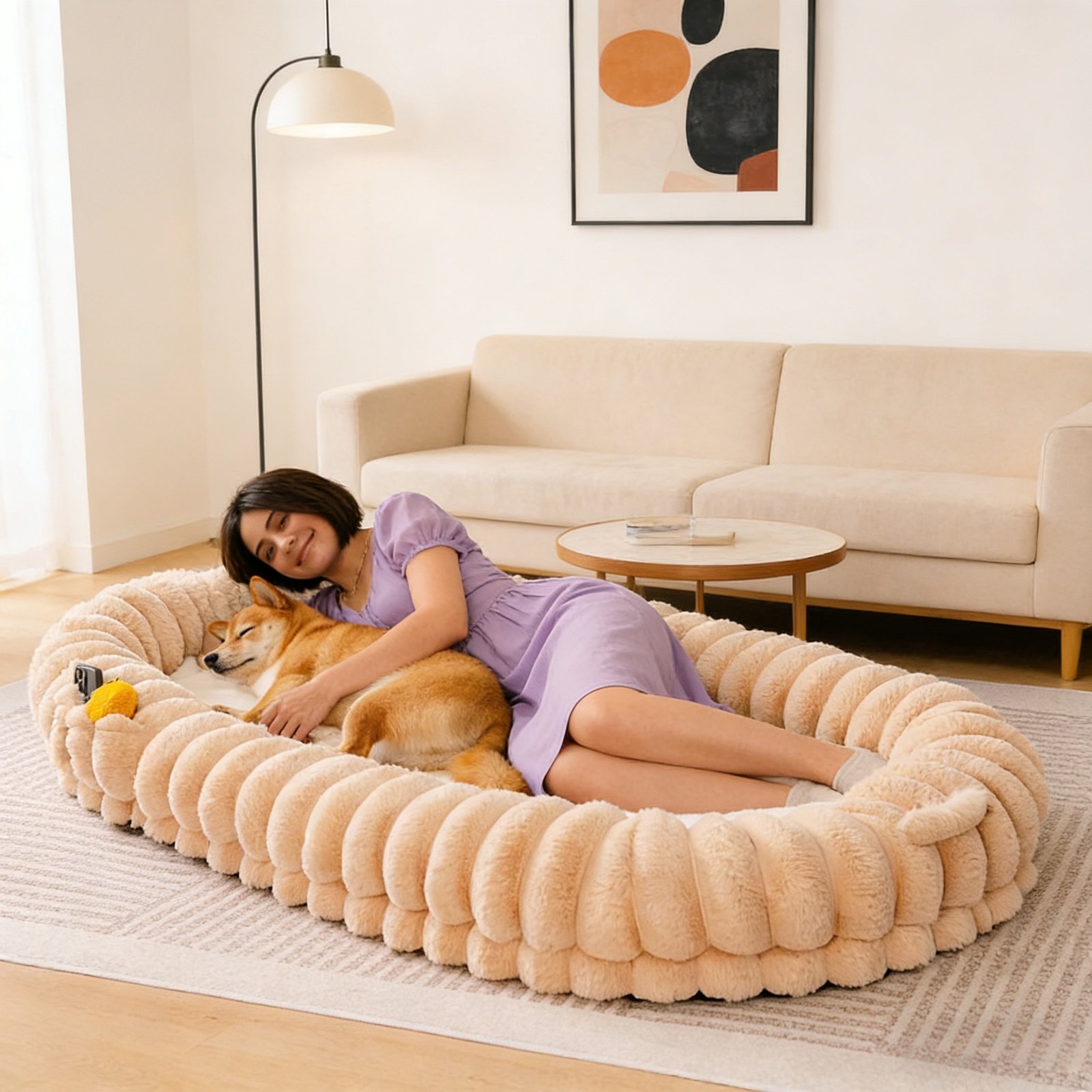 Light Khaki 3D Ruched Plush Oval Pet Bed, Raised Wrap-around Bolster Luxury Dog Cat Couch, Thick Warm Pet Sleeping Nest - Image 2