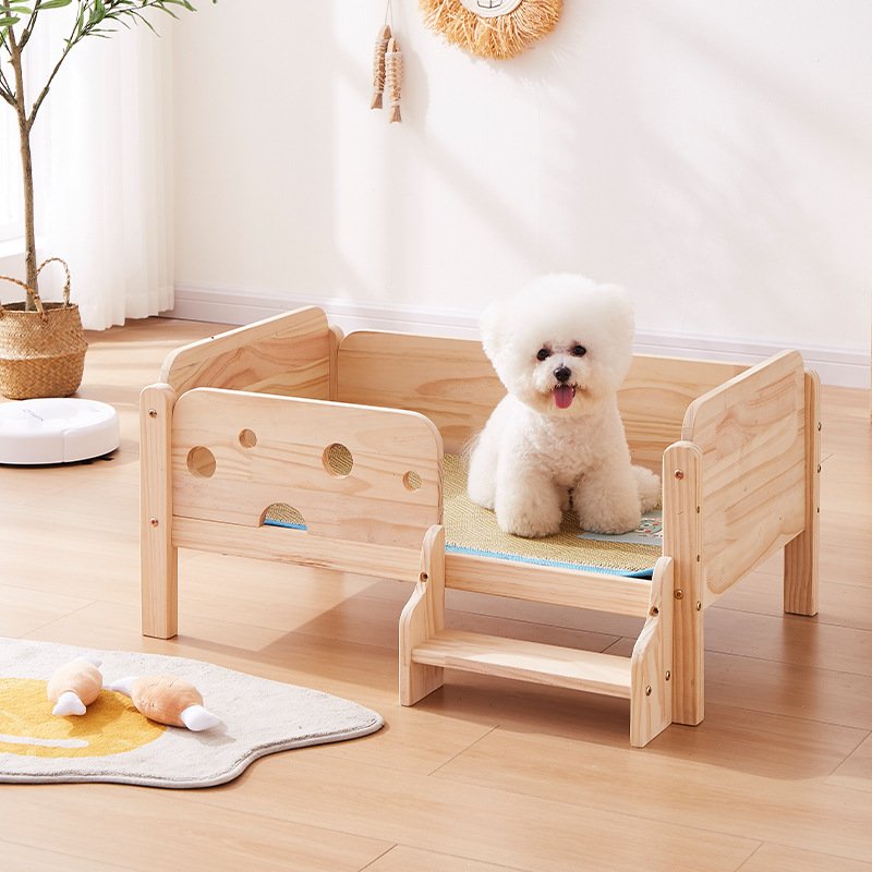 Solid Pine Wood Elevated Dog Bed with Steps