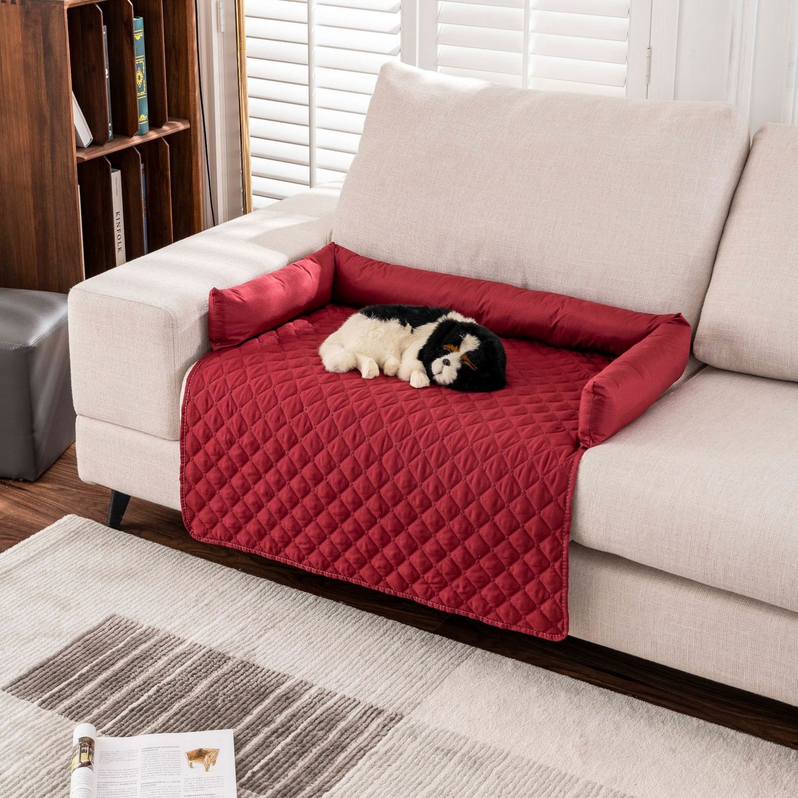 Grey Grid Quilted Pet Mat, L-shaped Removable Bolster Foldable Dog Cat Pad, Multi-purpose Sofa Protector Pet Sleeping Cushion - Image 3
