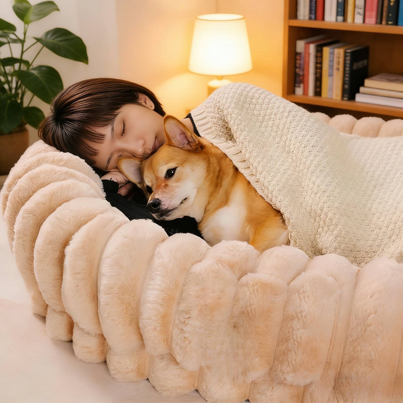 Light Khaki 3D Ruched Plush Oval Pet Bed, Raised Wrap-around Bolster Luxury Dog Cat Couch, Thick Warm Pet Sleeping Nest - Image 3
