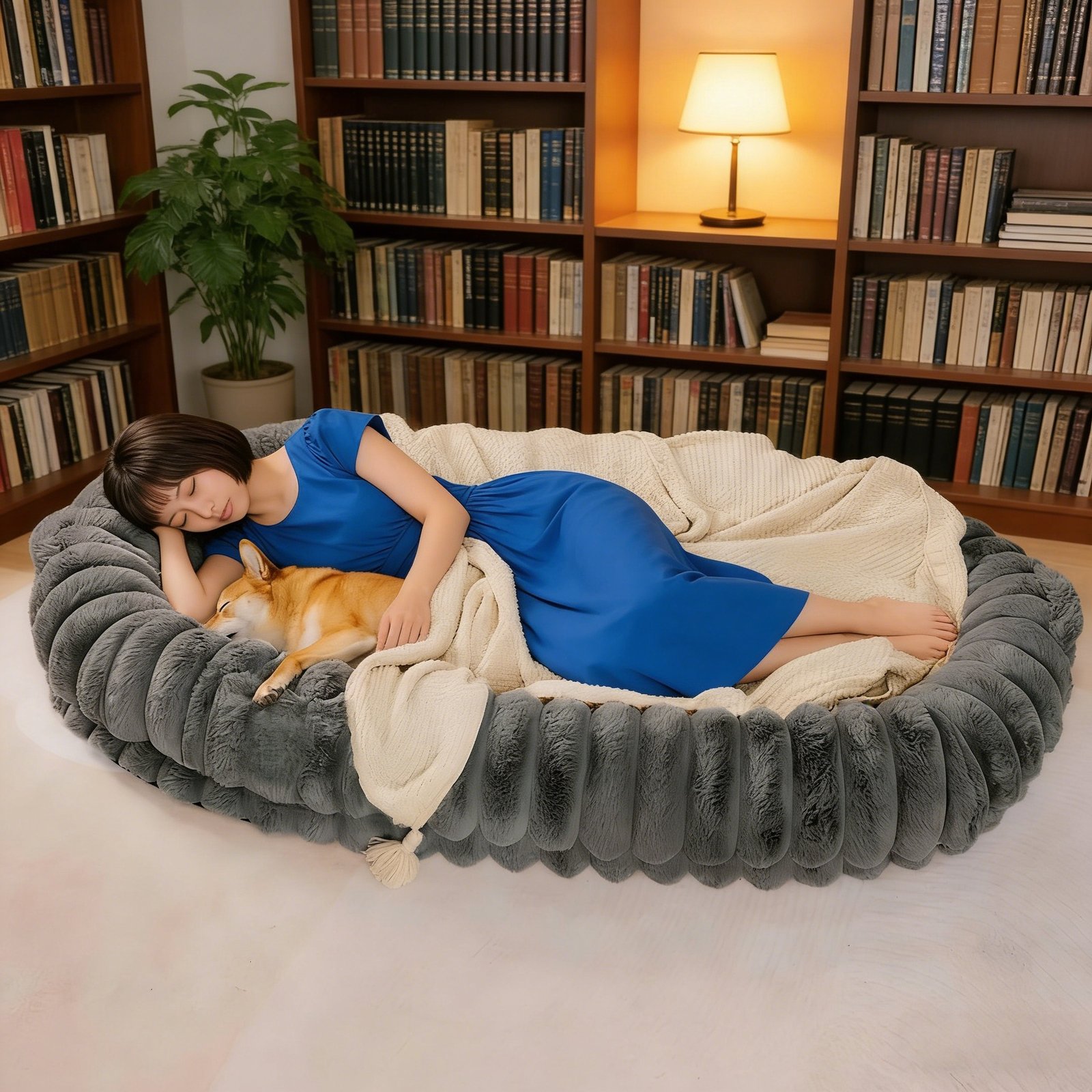 Light Khaki 3D Ruched Plush Oval Pet Bed, Raised Wrap-around Bolster Luxury Dog Cat Couch, Thick Warm Pet Sleeping Nest - Image 4