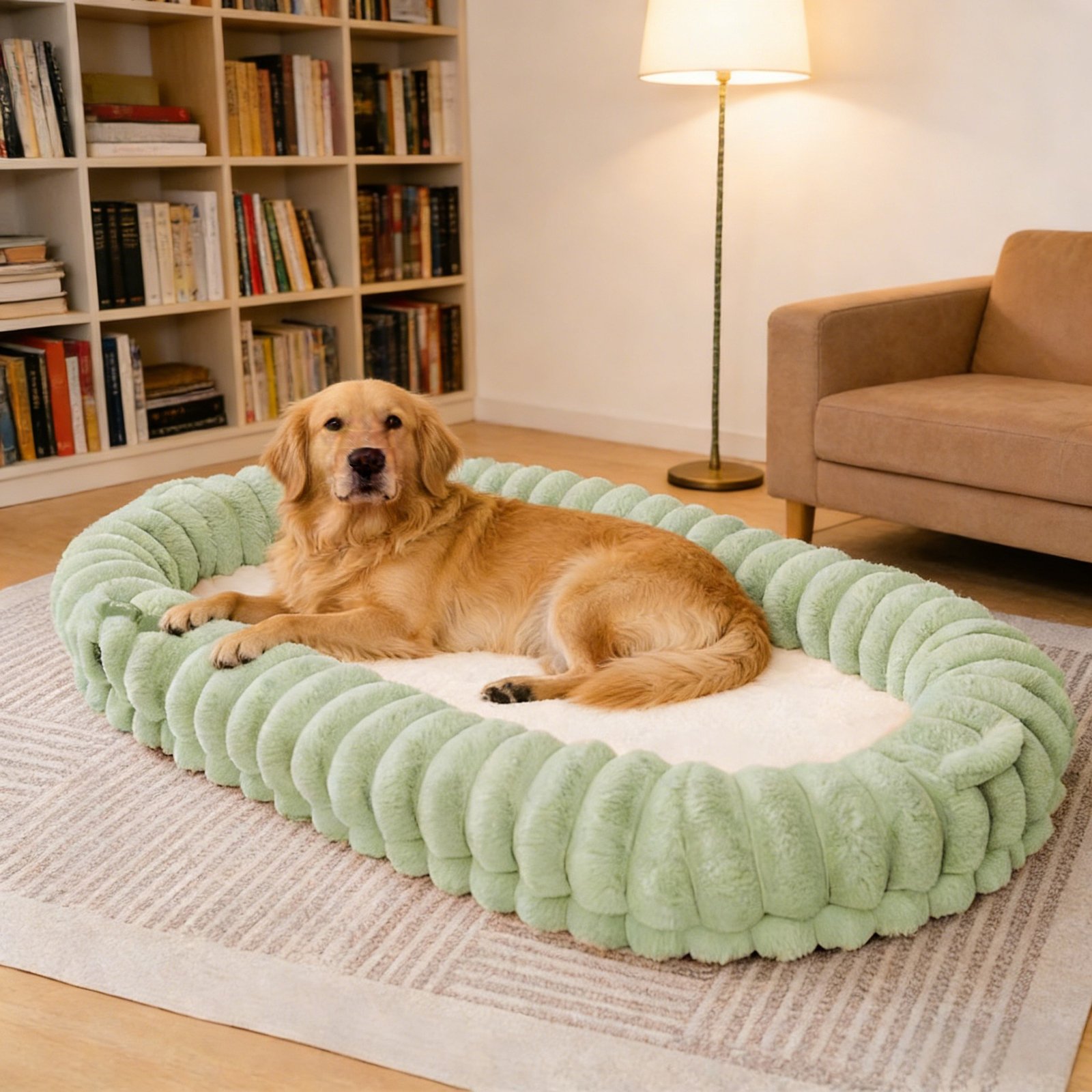 Light Khaki 3D Ruched Plush Oval Pet Bed, Raised Wrap-around Bolster Luxury Dog Cat Couch, Thick Warm Pet Sleeping Nest - Image 5