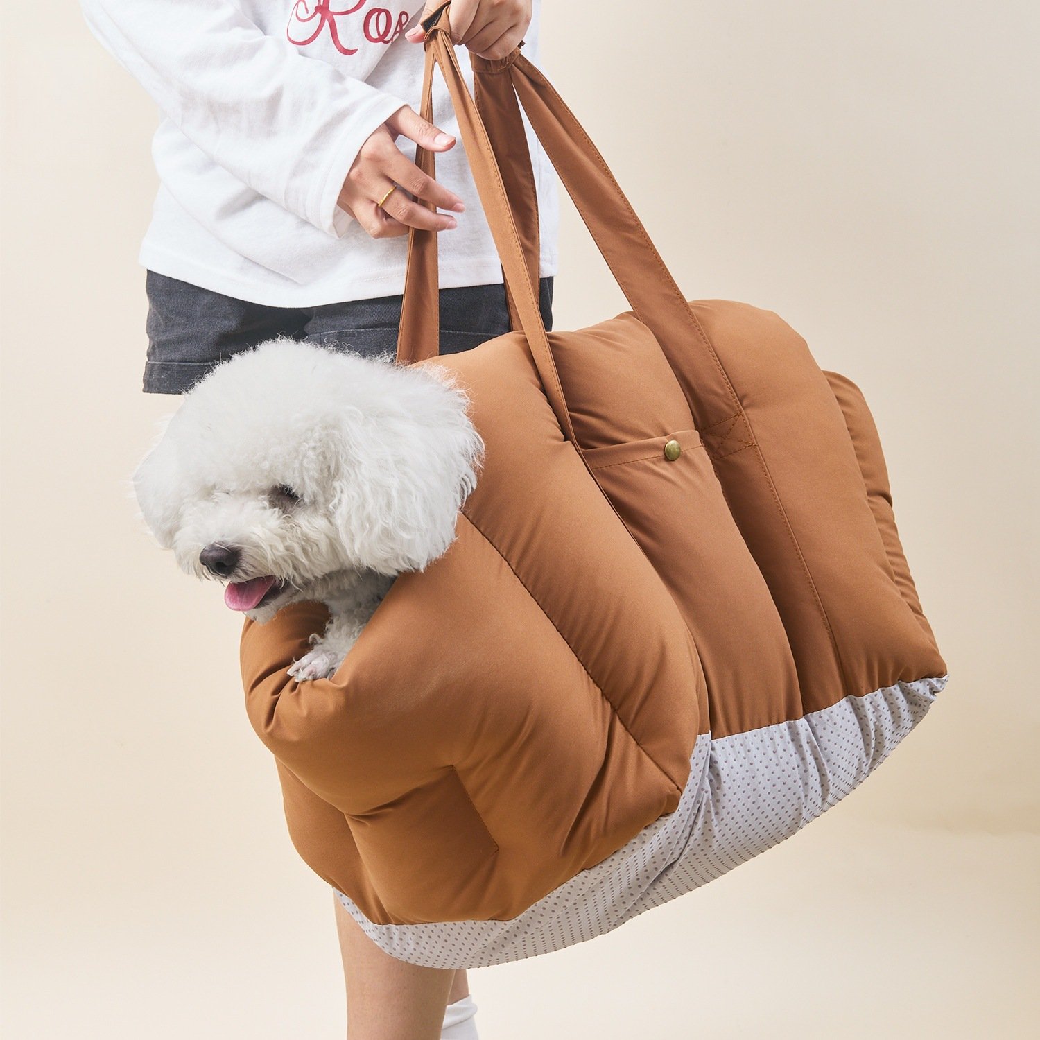 Brown Segmented Quilted Car Pet Bed, Small Dog & Cat Safety Bed With Thick Anti-Collision Bolster, Dual Carry Straps & Side Storage Pocket, Dual Use For Home And Car - Image 5