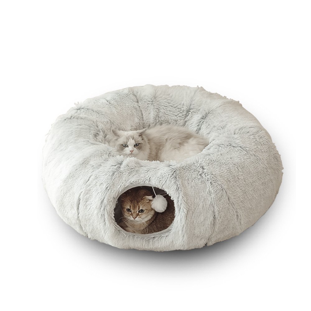 Long fur round tunnel cat bed, all-in-one cat tunnel nest with plush pom-pom toy, warm enclosed pet cave cat bed