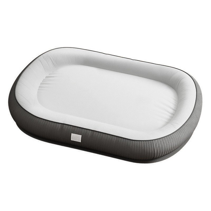 Simple oval striped rim pet bed, grey & white low surrounding bolster dog cat couch, breathable all-season pet mat