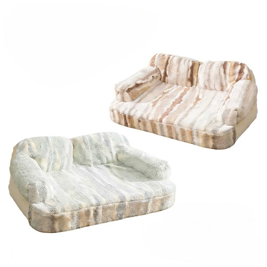 Gradient faux fur pet sofa bed, two-tone striped plush dog cat couch, wrap-around back thick warm pet sofa nest