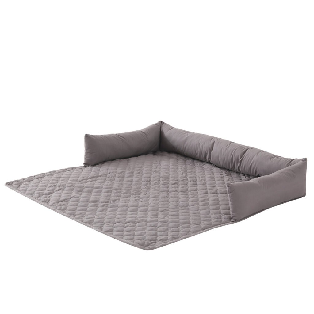 Grey quilted foldable pet mat, L-shaped removable bolster dog cat pad, multi-purpose non-slip pet sofa cushion